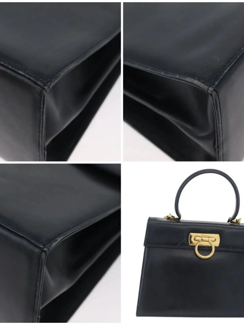 Salvatore Ferragamo Gancini Hand Bag Leather 2way Navy Gold Auth AMZ378